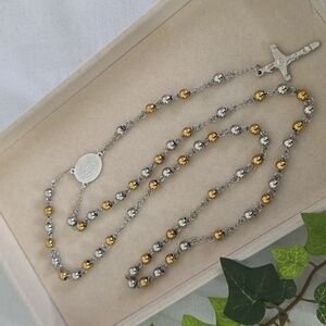 Stainless Steel Two Tone Bead Rosary Neckkace